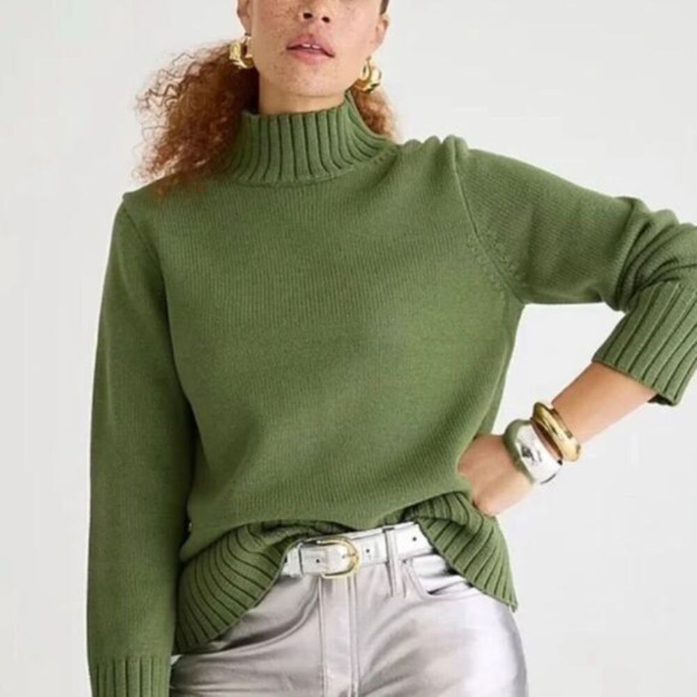 J. Crew 100% Cotton Mockneck Turtleneck Sweater in Utility Green Size S